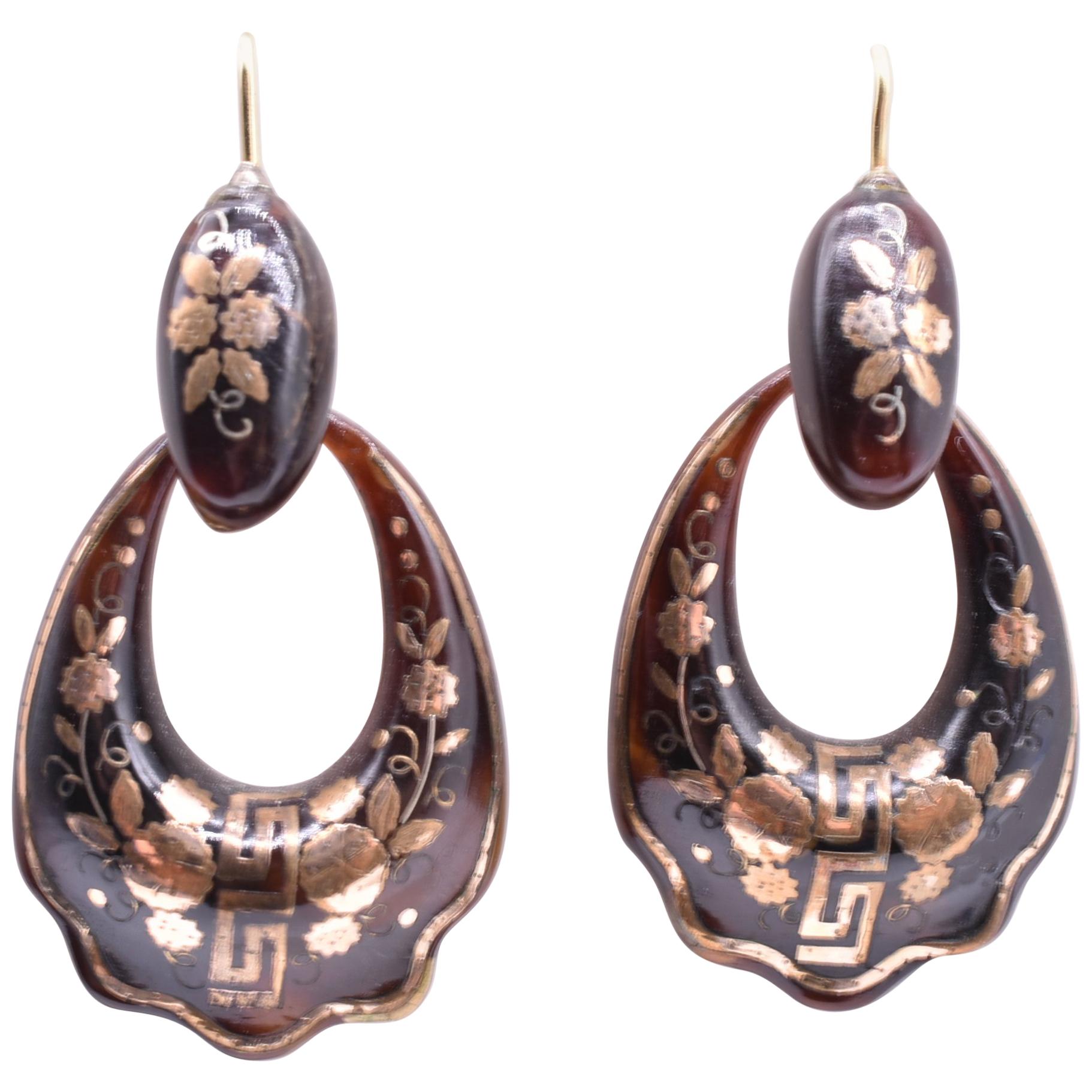 Pique Greek Key Hoop Earrings, circa 1870