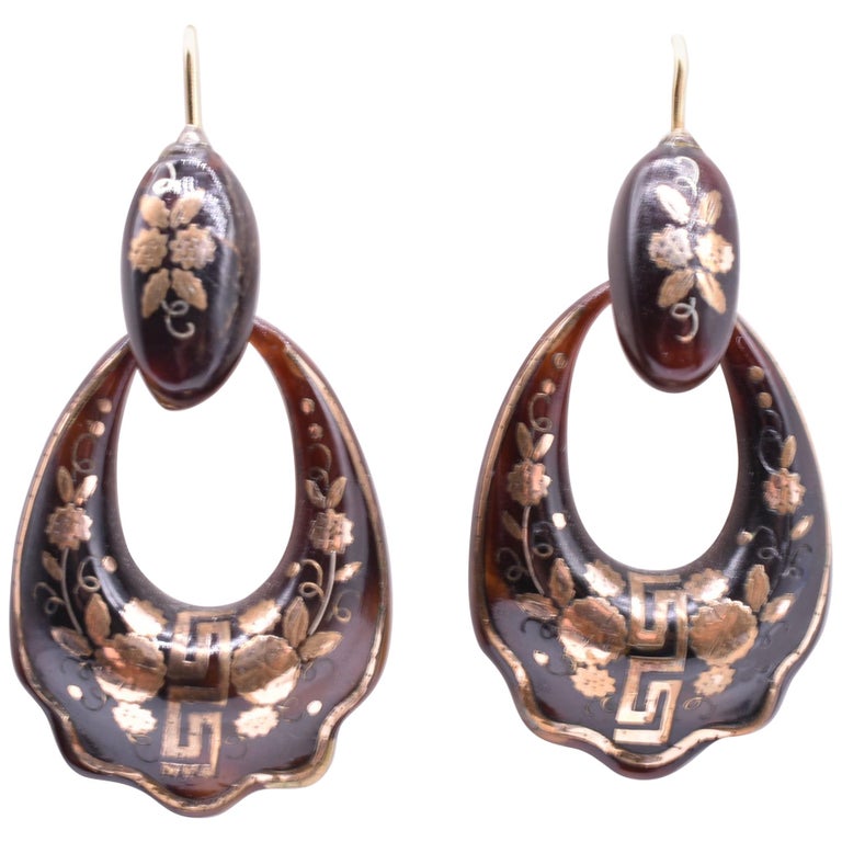 Pique Greek Key Hoop Earrings, circa 1870 For Sale