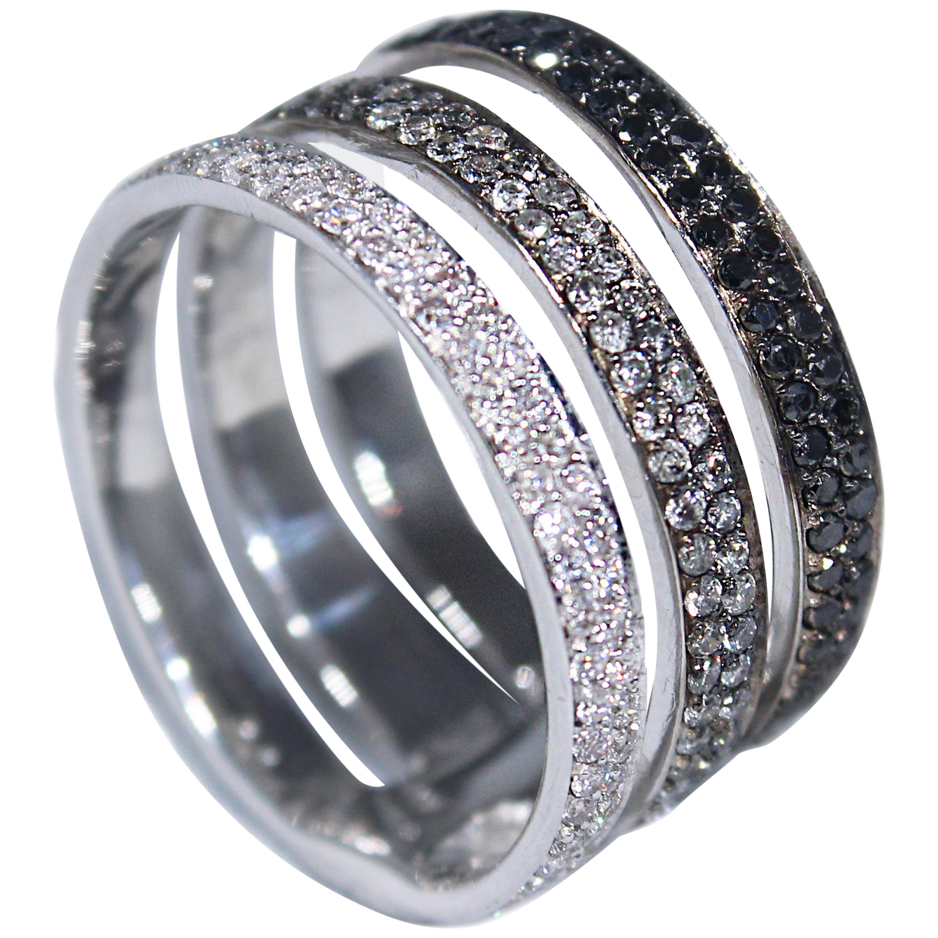 Gold Triple-Band Ring with White, Grey and Black Diamonds For Sale