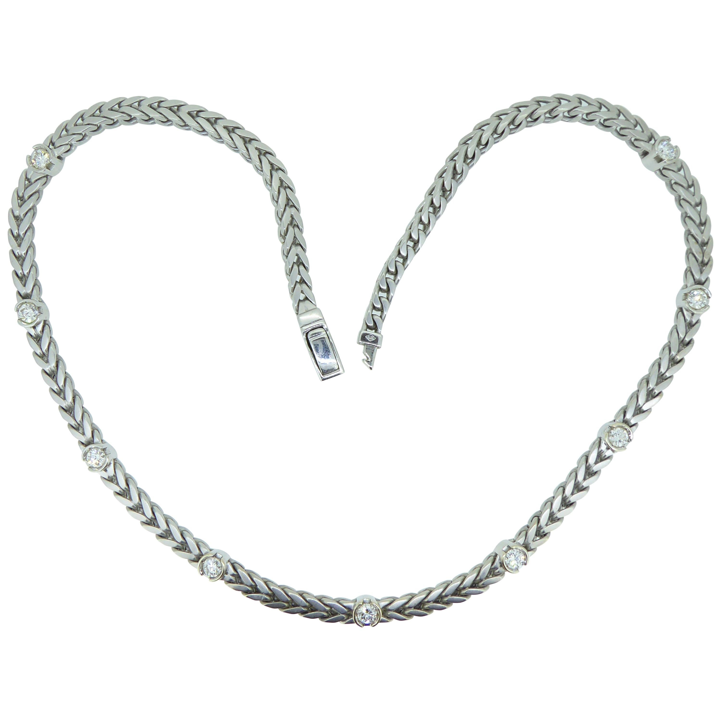 2.25 Carat Diamond Collar Necklace, White Gold Franco Link Chain, Pre-Owned
