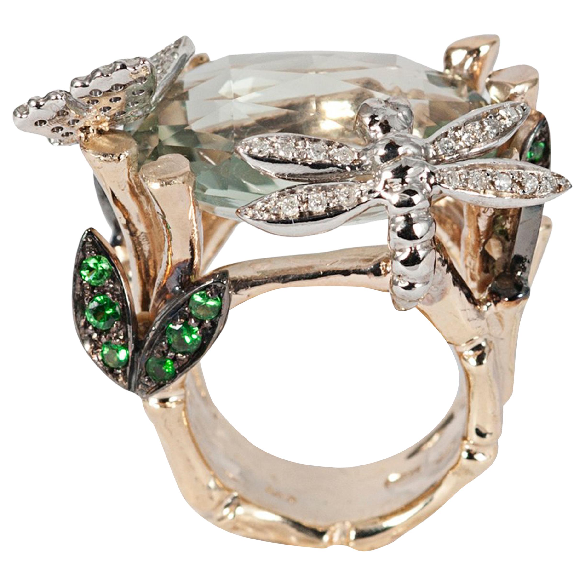 Bamboo Gold Ring with Prasorite, with Diamonds Pavé Butterfly and Dragonfly For Sale