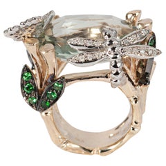 Bamboo Gold Ring with Prasorite, with Diamonds Pavé Butterfly and Dragonfly