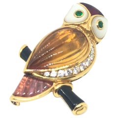 Van Cleef & Arpels Gemstone Diamond Yellow Gold Owl Pin Brooch