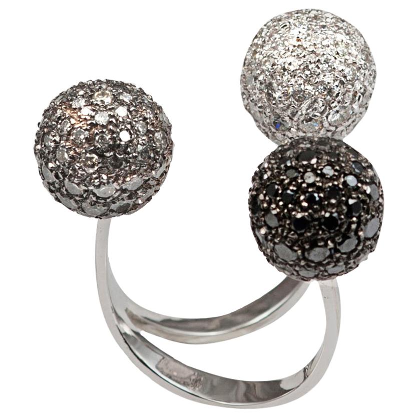 Gold Triple Sphere Ring with Pavé White, Grey and Black Diamonds For Sale