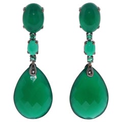 Green Agate and Emerald on Black Gold Chandelier Earrings