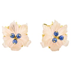 Buccellati 18 Karat Yellow Gold Carved Rose Quartz Sapphire Flower Stud Earrings