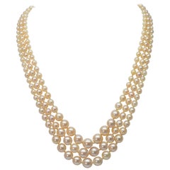 Vintage Triple Strand Akoya Pearl Necklace with 14K Yellow Gold & Opal Clasp