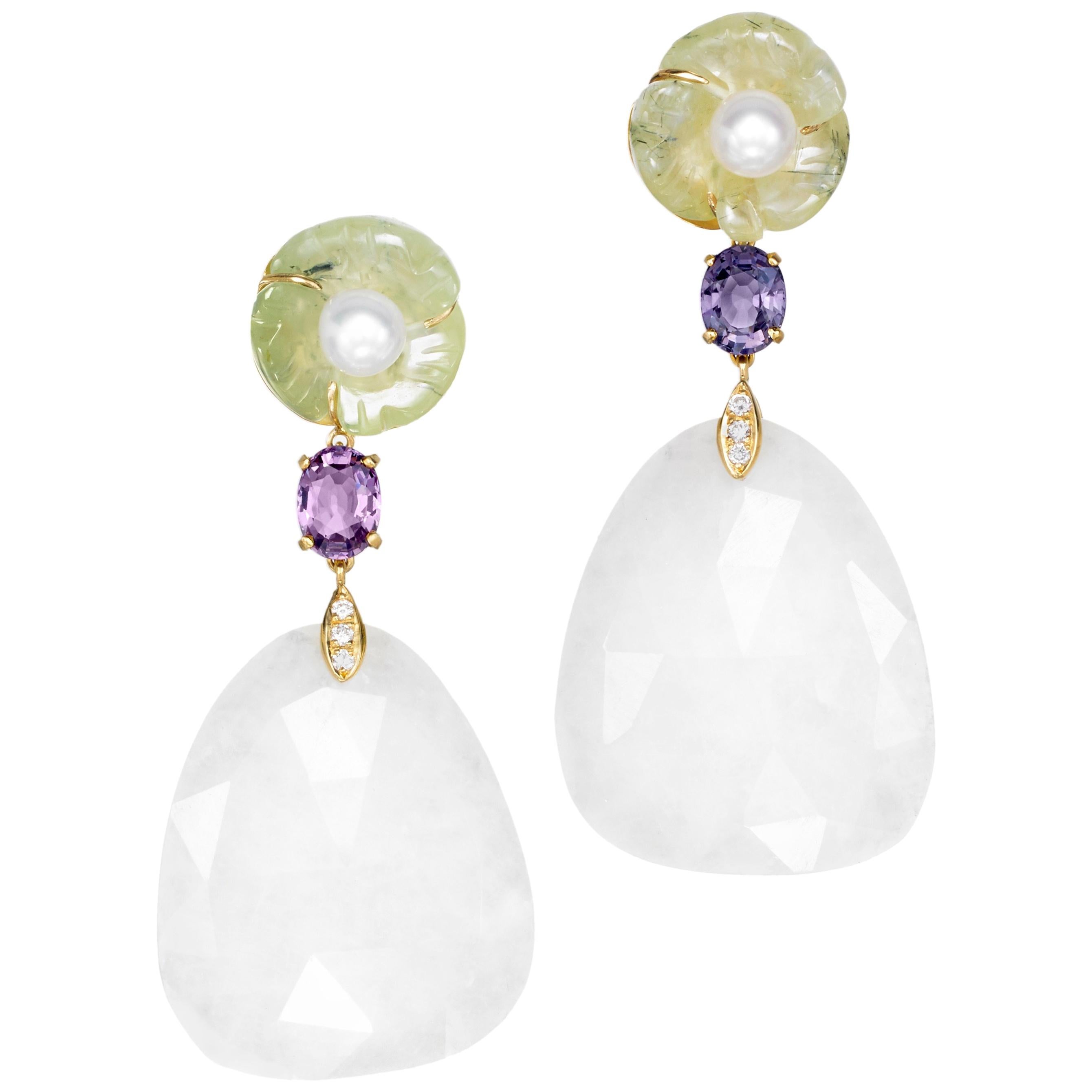 Joon Han Prehnite Pearl Spinel White Agate Diamond 18K Gold Drop Dangle Earrings For Sale