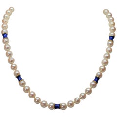 Vintage Akoya Pearl Necklace w 14K Yellow Gold Blue Enamel Rondells w Mystery Clap