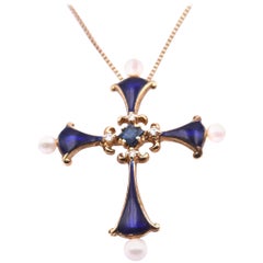 14 Karat Gold Diamond, Sapphire, Pearl and Blue Enamel Vintage Cross Necklace