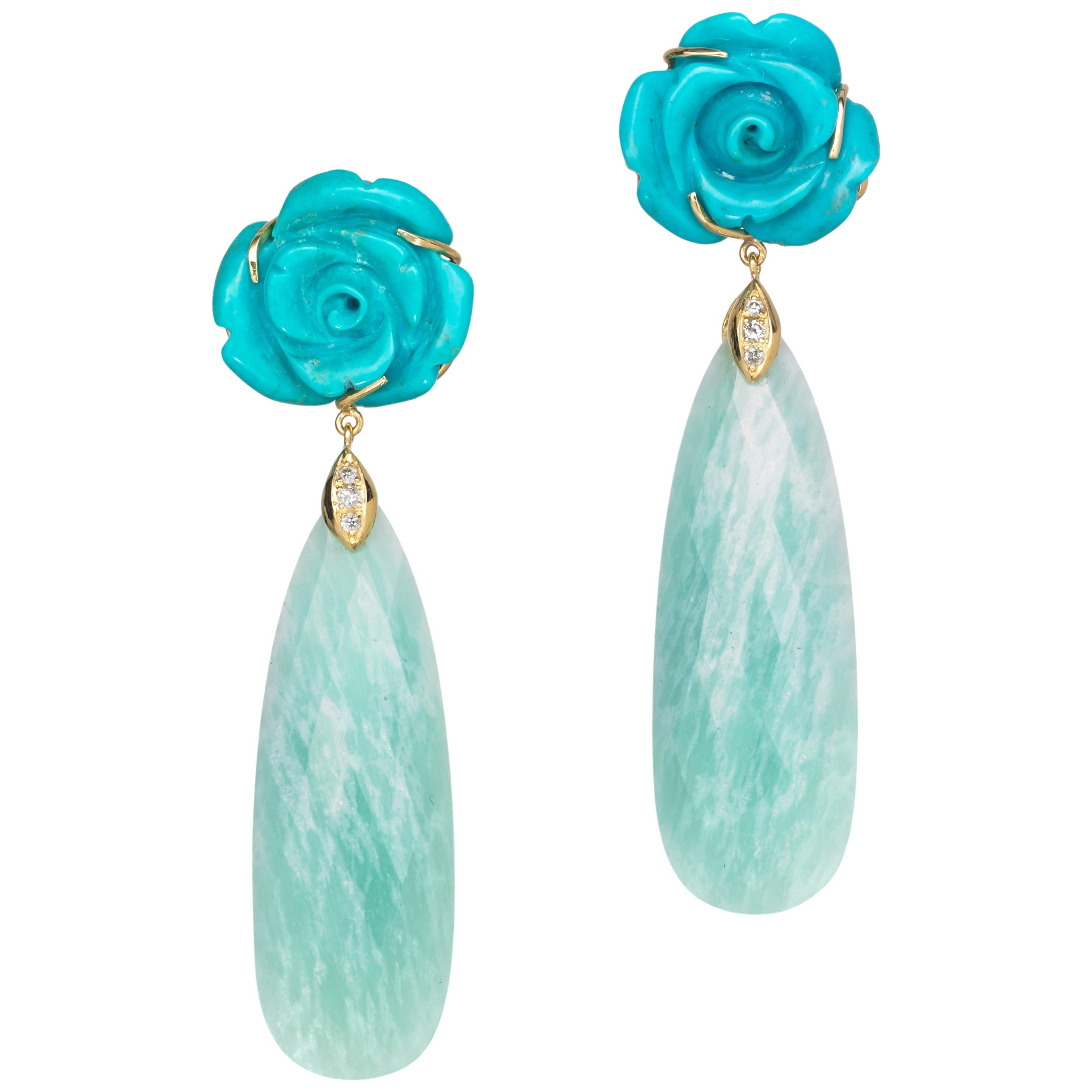 Joon Han Carved Turquoise Flowers Amazonite Diamond 18K Gold Dangle Earrings For Sale