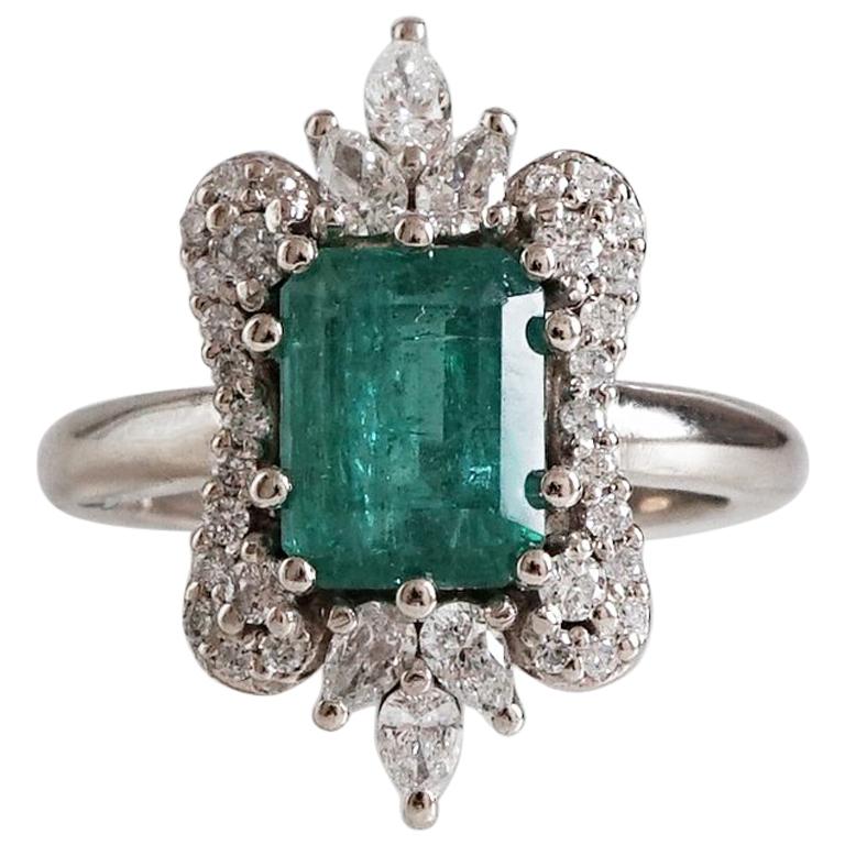 8x6MM Emerald Diamond Engagement White Gold Ring For Sale at 1stDibs