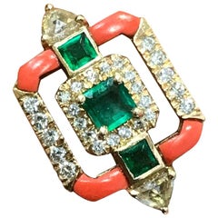 Coral and Emerald Ring in 18 Karat Yellow Gold