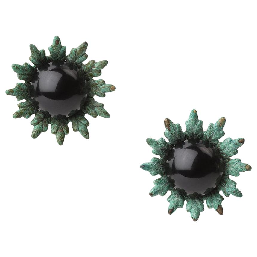 18ct Yellow Gold Vermeil, Verdigris Brass and Onyx Flower Bud Earrings For Sale