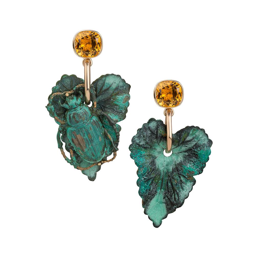 9 Carat Yellow Gold, Verdigris Brass and Citrine Leaf Insect Earrings For Sale