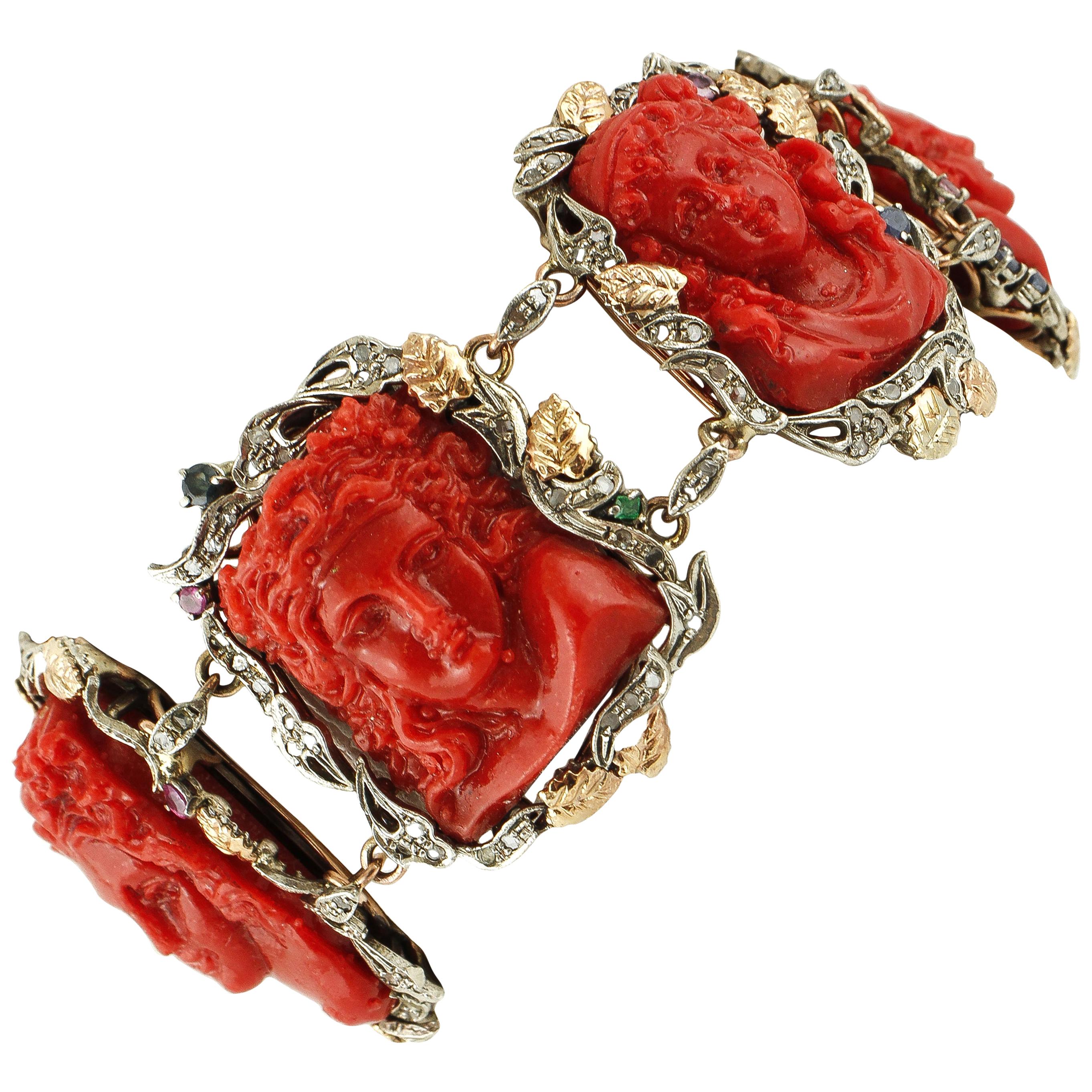 Engraved Faces on Red Coral, Diamonds, Rubies, Sapphires, Gold/Silver  Bracelet For Sale