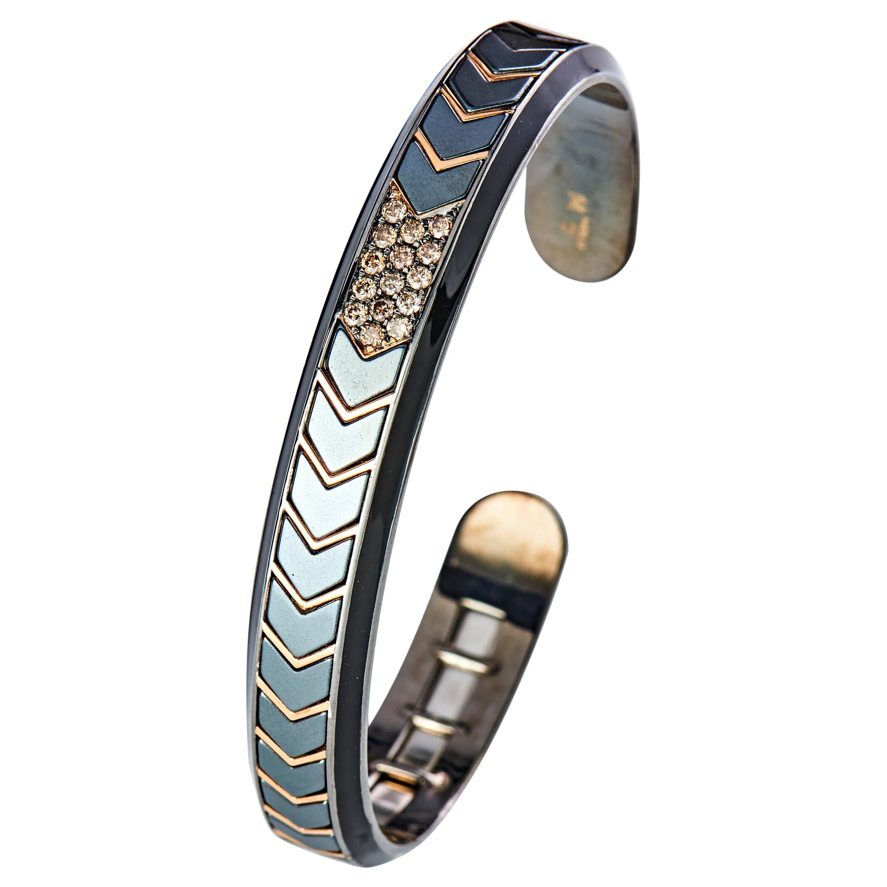 18 Karat Rose Gold and Silver Diamond Men's Enameled Bangle For Sale