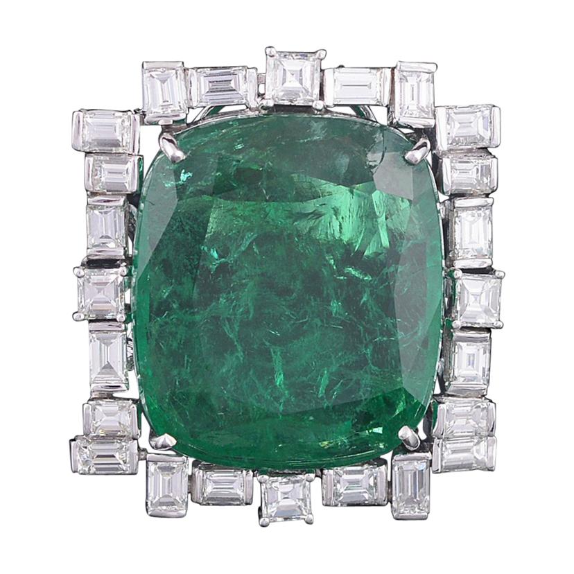 Set in 18K, 30.88 cts, natural Zambian Emerald & Baguette diamonds cocktail Ring