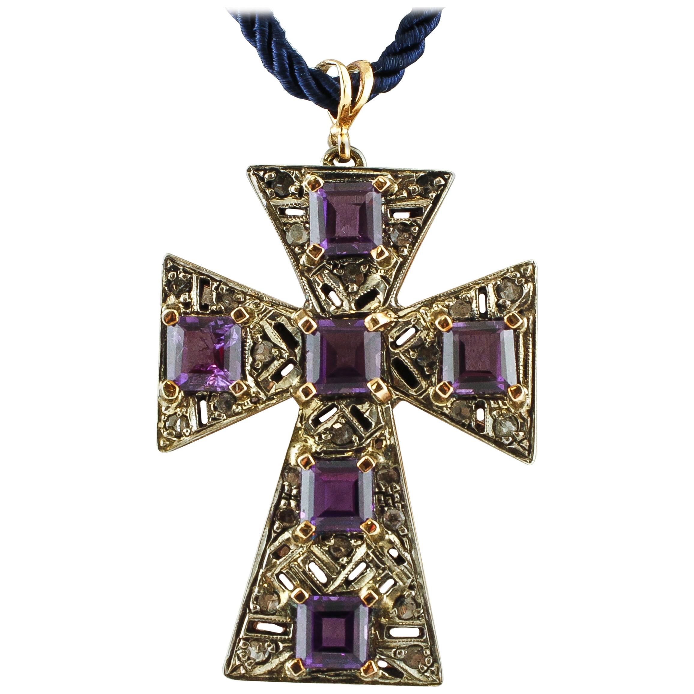 Amethysts, Diamonds, 9 Karat Rose Gold and Silver Cross Pendant