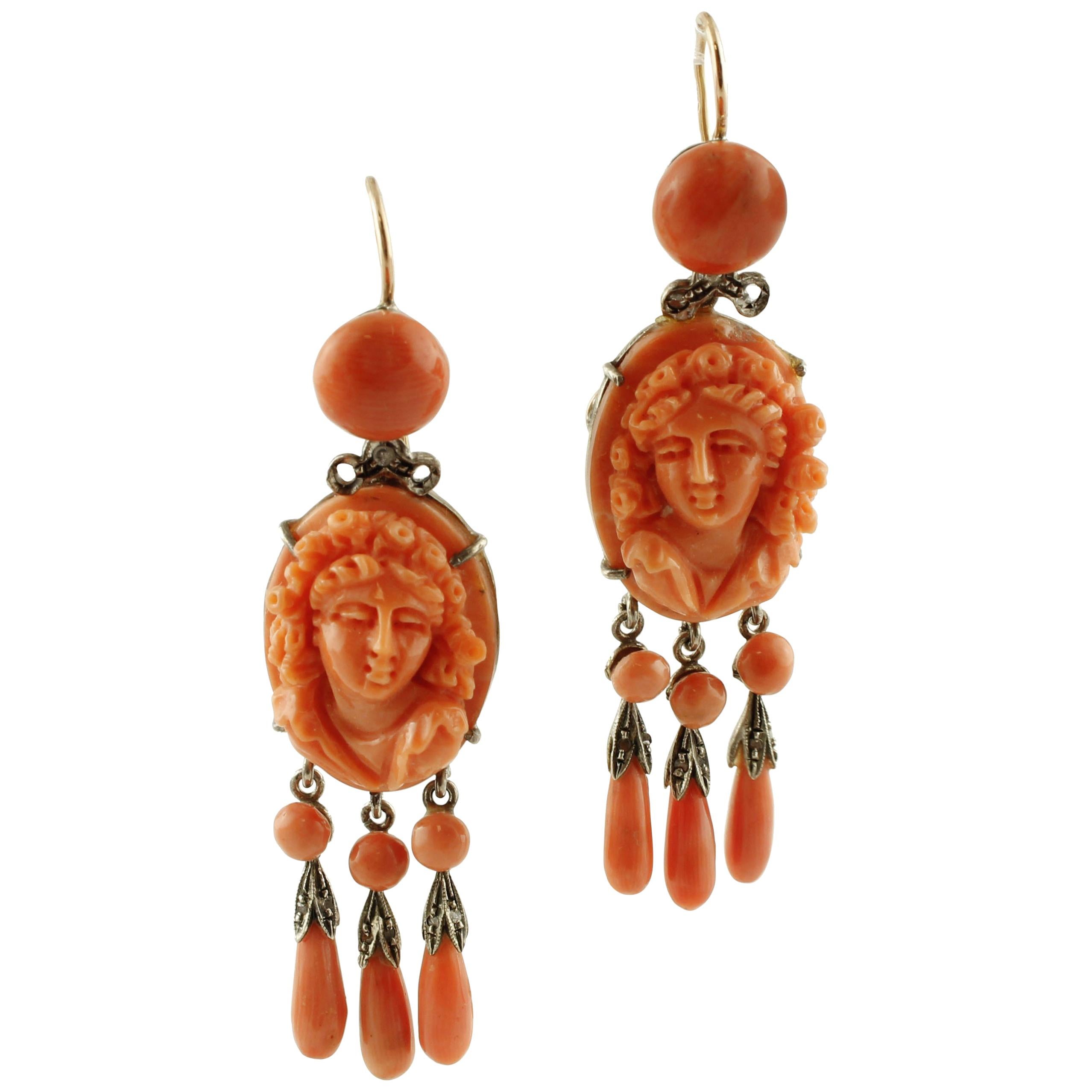 Engraved Red Coral, Diamonds, 9 Karat Rose Gold and Silver Dangle Earrings