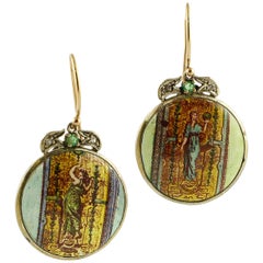 Vintage Painted Hard Stone, Emeralds, Diamonds, 9k Rose Gold and Silver Dangle Earrings