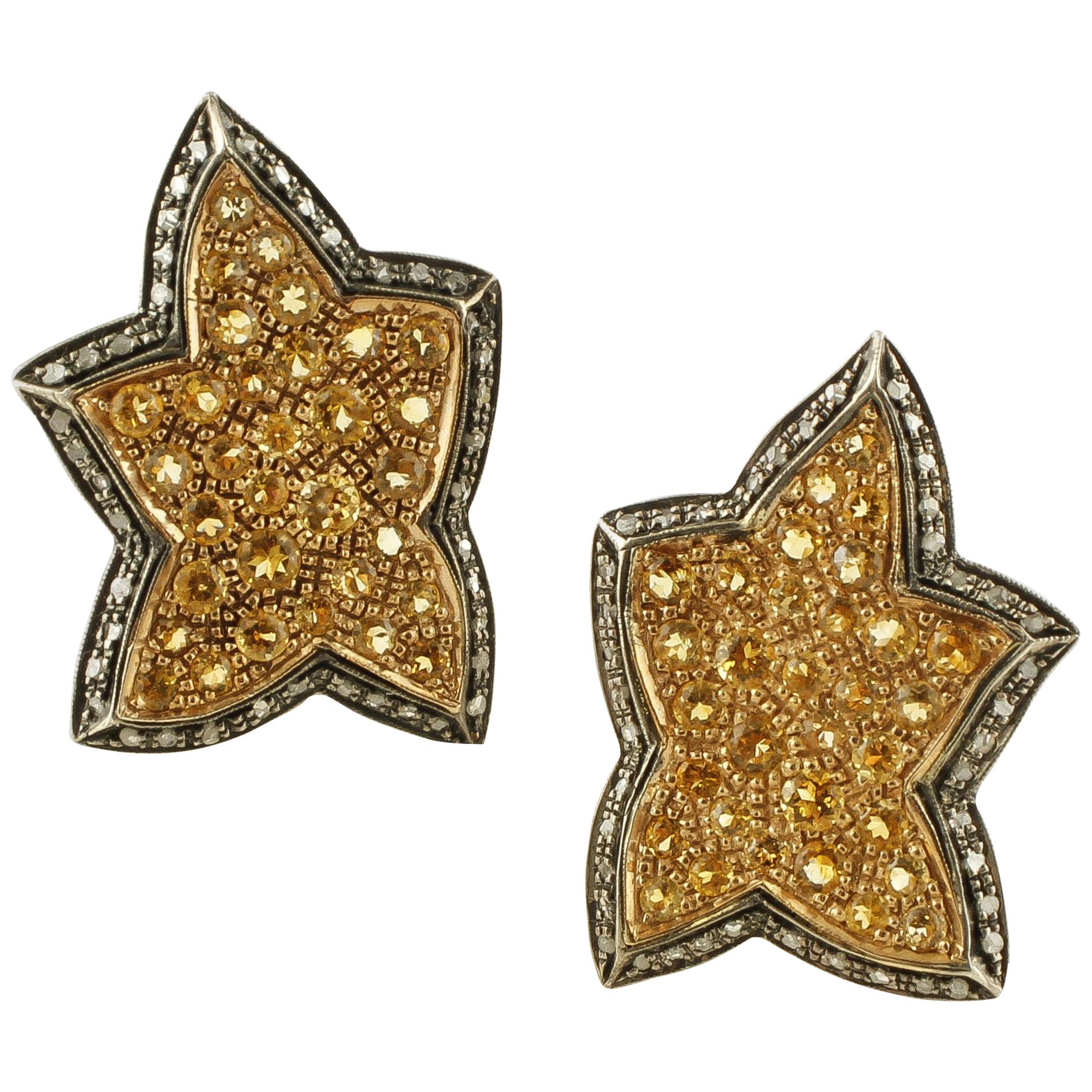 Yellow Sapphires, Diamonds, 14 Karat Rose Gold and Silver Star Earrings