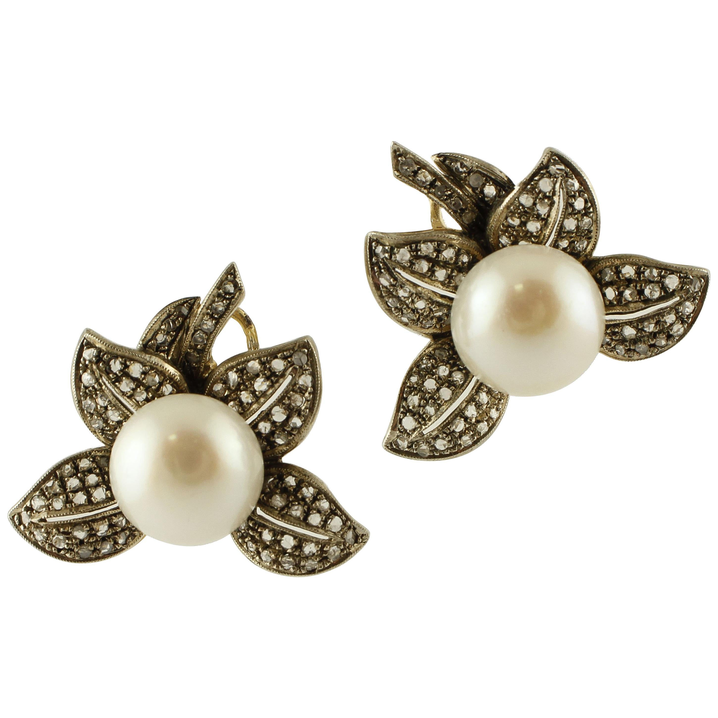 Pearl, Diamonds, 14 Karat Yellow Gold and Silver Earrings