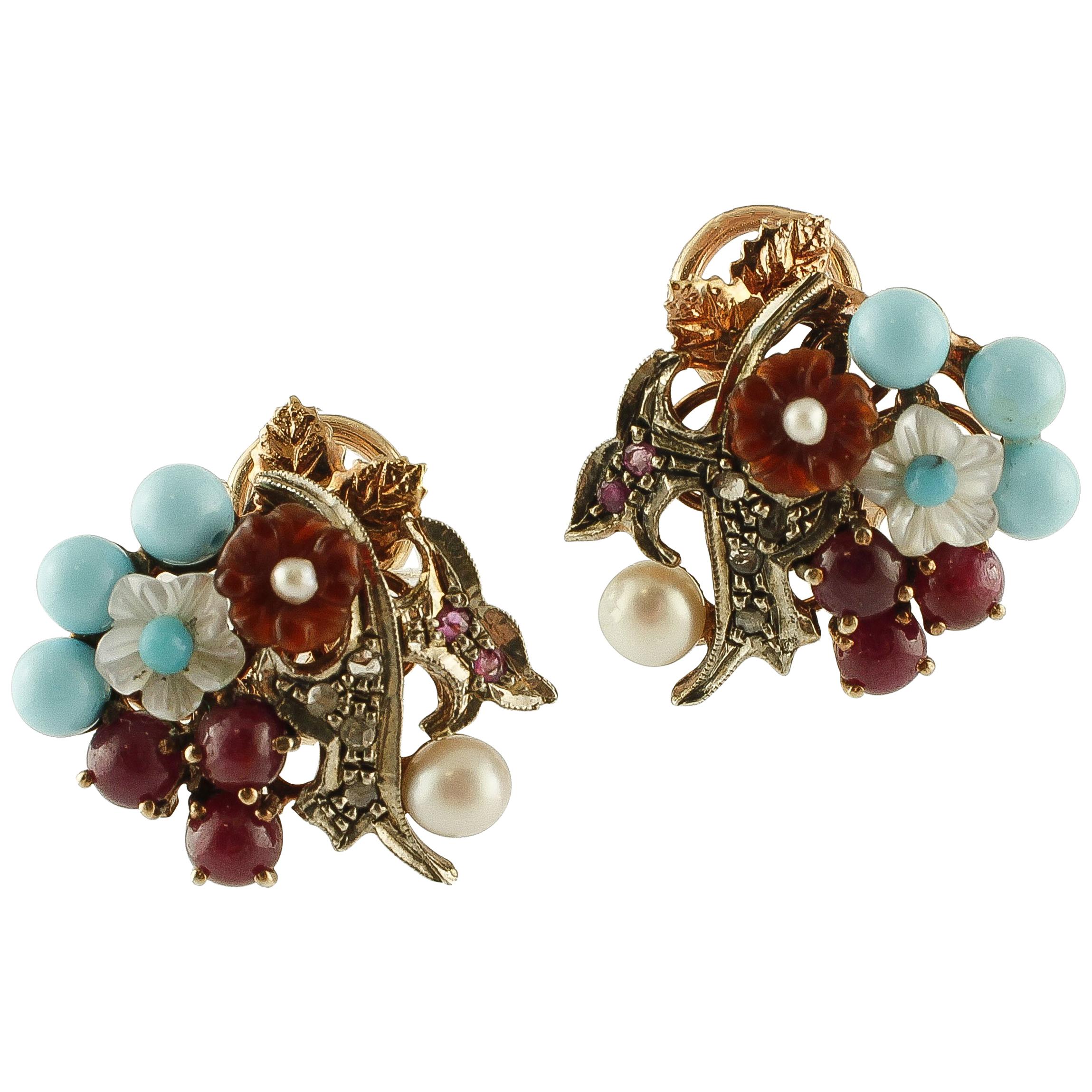 Diamonds, Rubies, Turquoise, Carnelian, Mother of Pearl Gold and Silver Earrings
