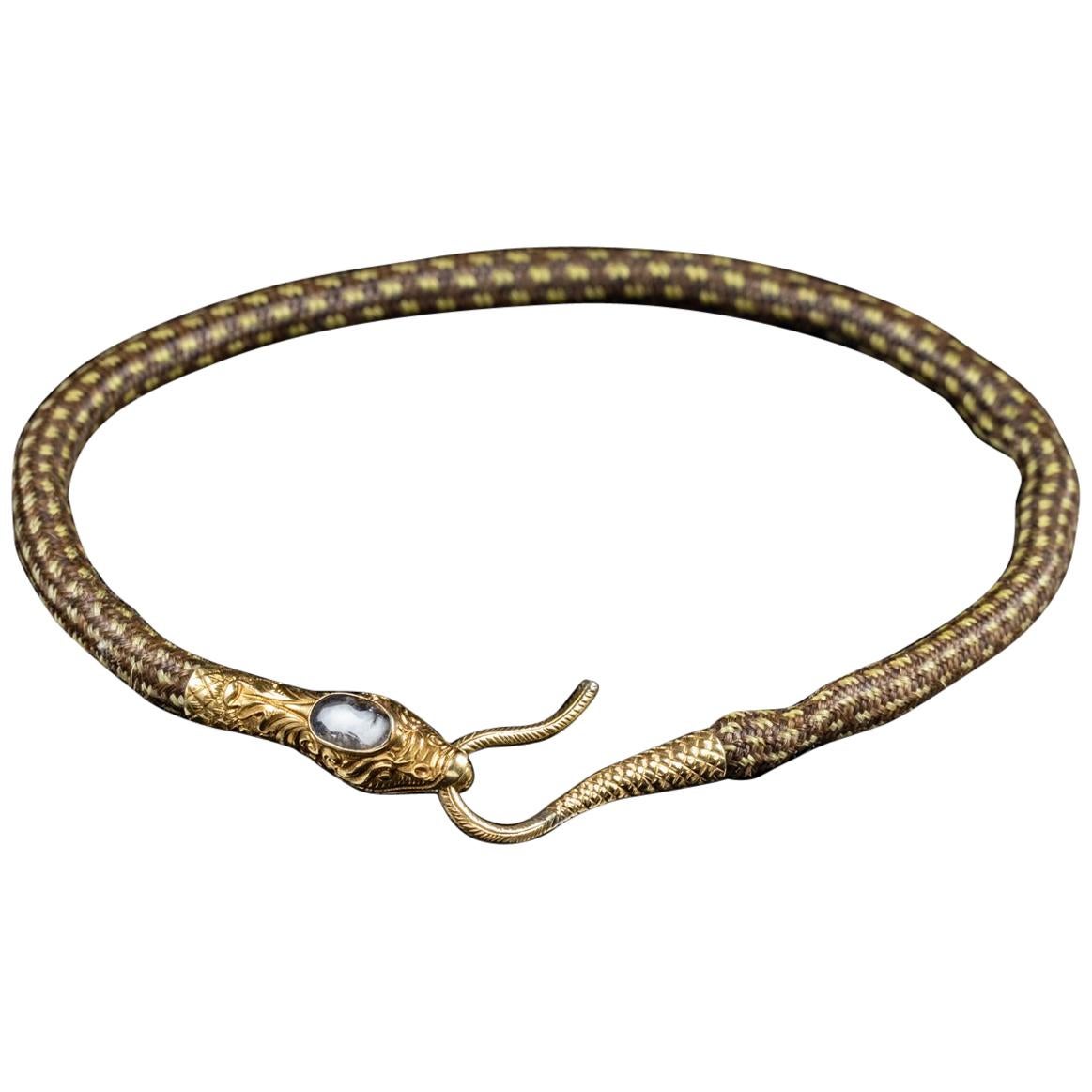 Antique Georgian Mourning Snake Necklace Rock Crystal 18 Carat Gold, circa 1800 For Sale