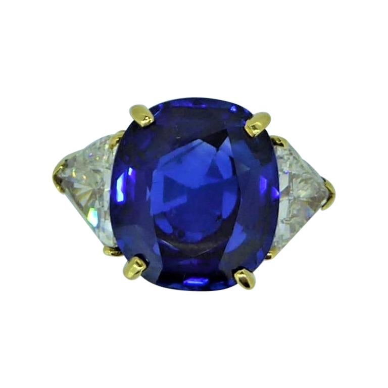 9.17 Carat Unheated Ceylon Blue Sapphire and Trilliant Diamond Three-Stone Ring