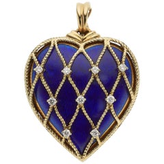 18 Karat Yellow Gold Diamond and Blue Enamel Heart Shaped Locket
