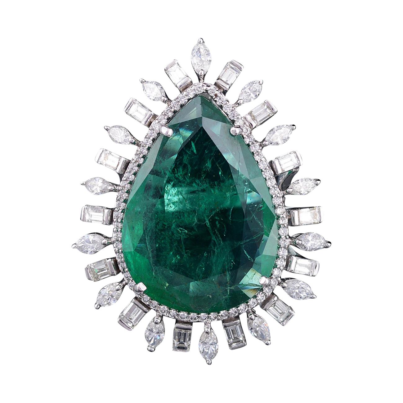 18.74 carats natural Zambian Emerald, Marquise & Baguette Diamond Cocktail Ring