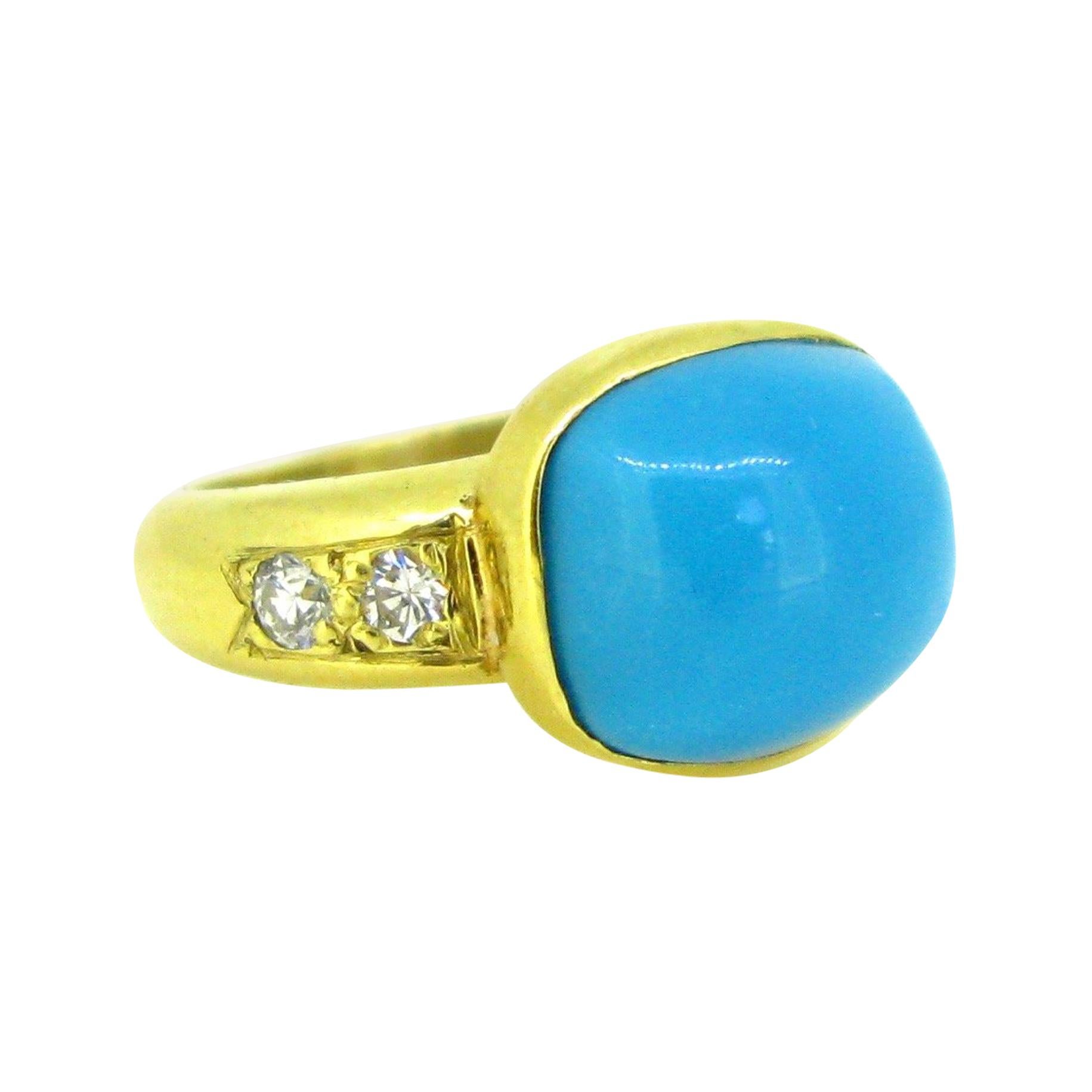 Natural Turquoise and Diamonds Yellow Gold Band Gyspy Ring