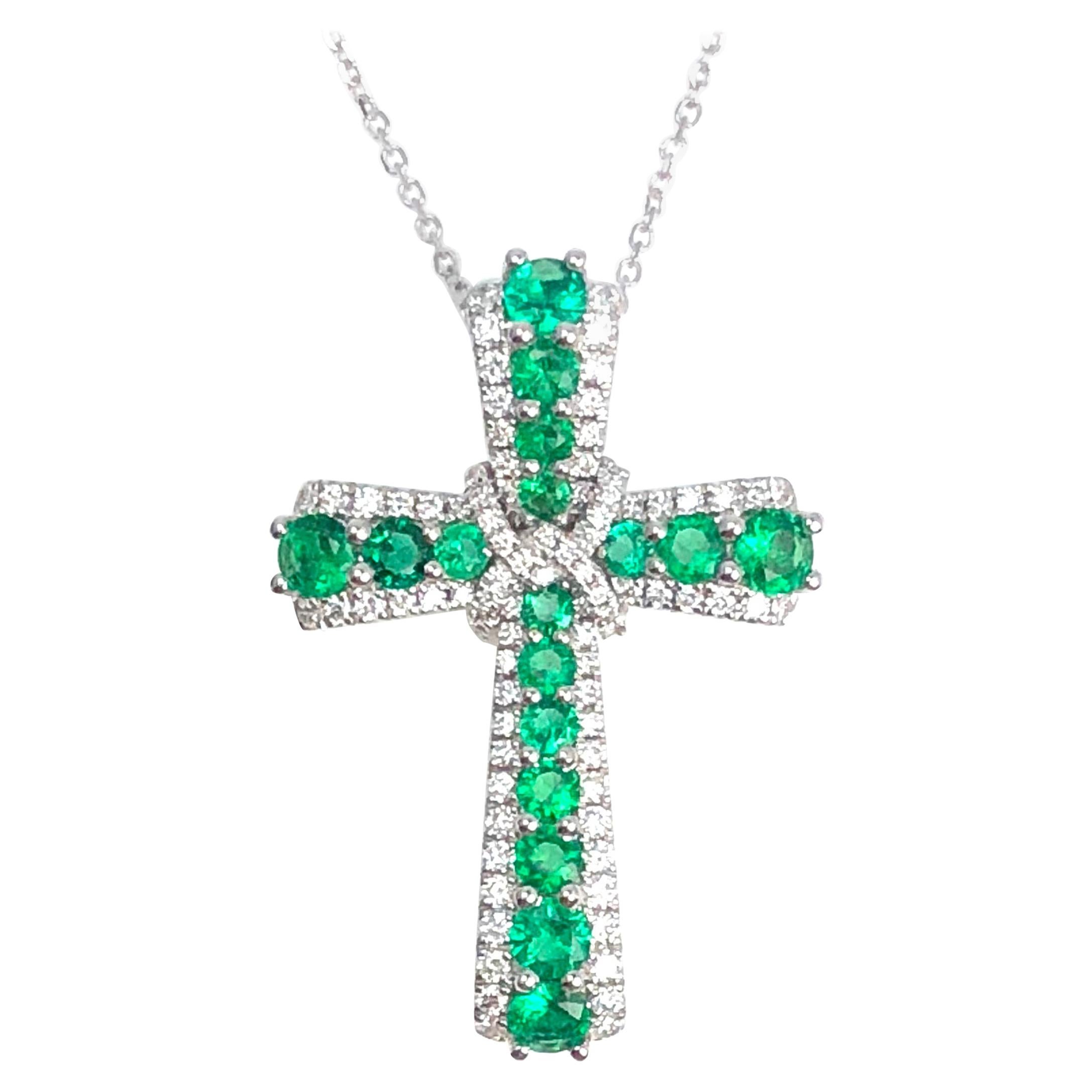 DiamondTown 0.87 Carat Emerald and 0.39 Carat Diamond Cross Pendant
