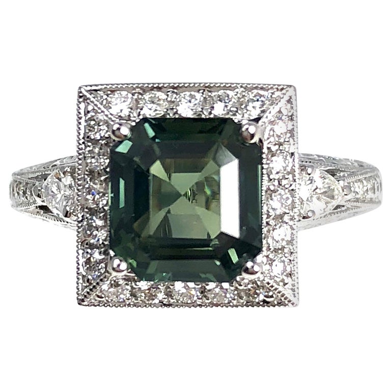 2.91 Carat Cushion Cut Green Sapphire and 0.51 Carat Diamond Ring at ...
