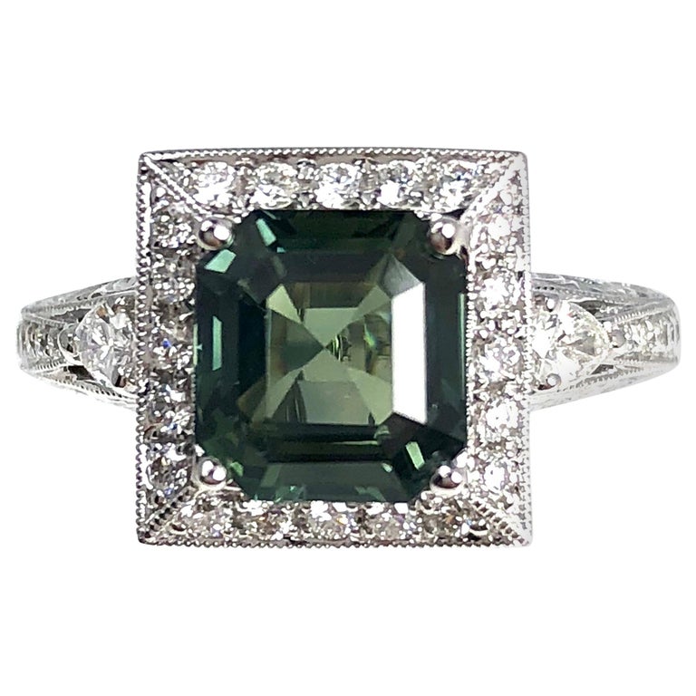 2.91 Carat Cushion Cut Green Sapphire and 0.51 Carat Diamond Ring at