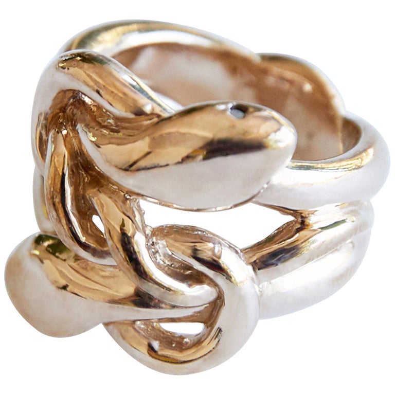Black Diamond Ring Double Head Snake Ring Bronze Cocktail Ring J Dauphin For Sale