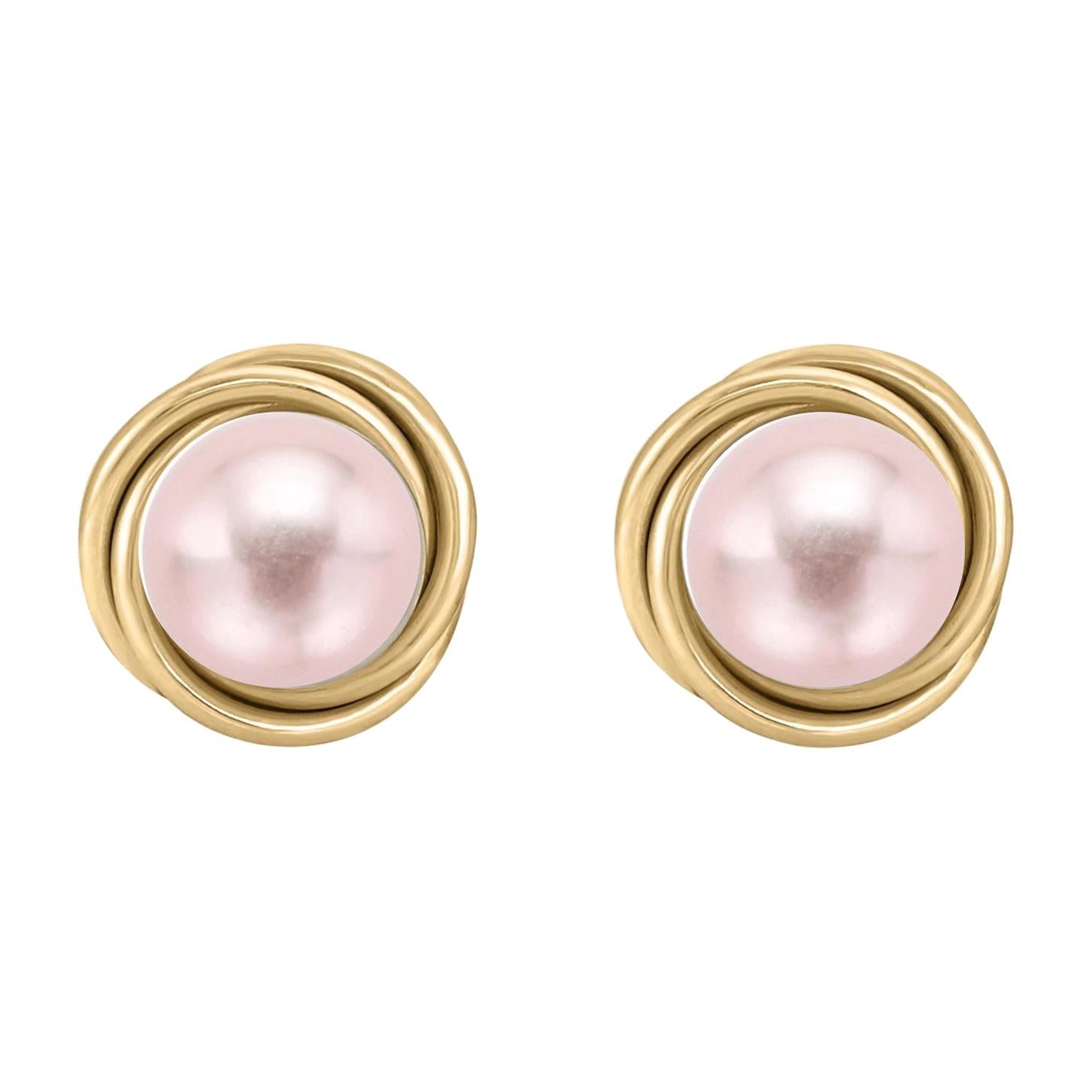 14 Karat Gold Love Knot Style Pink Cultured Freshwater Pearl Stud Earrings For Sale