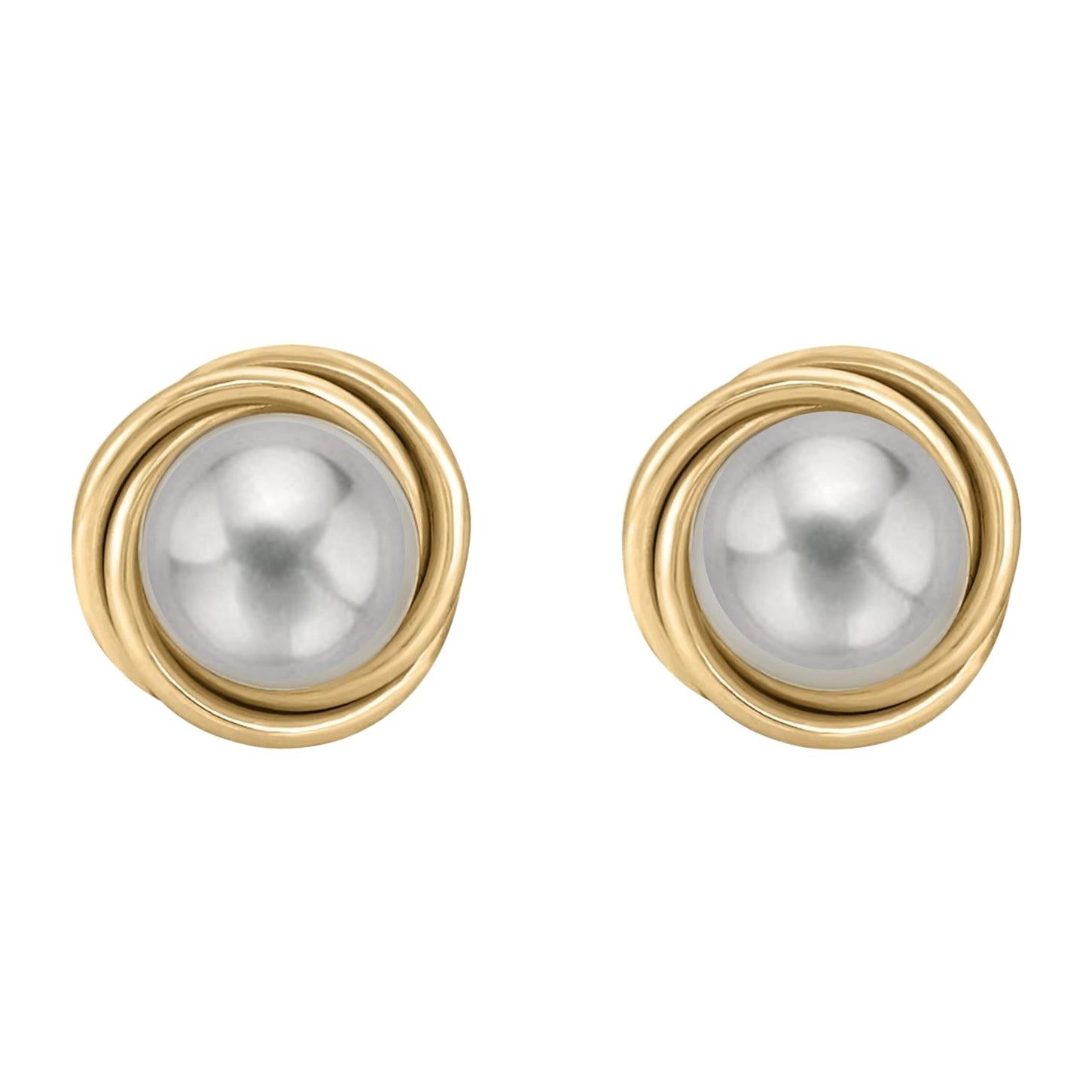 14 Karat Gold Love Knot Style Grey Cultured Freshwater Pearl Stud Earrings For Sale