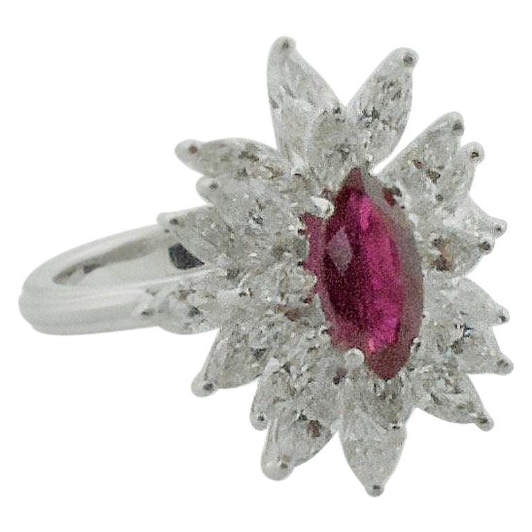 Delightful Marquise Cut Ruby and Diamond Cocktail Ring in 18 Karat
