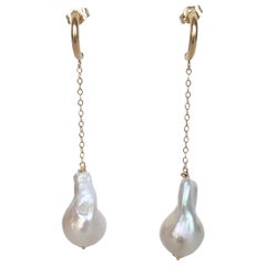 Marina J Large Baroque White Pearl Dangle Earrings with 14 K Yellow Gold Chains