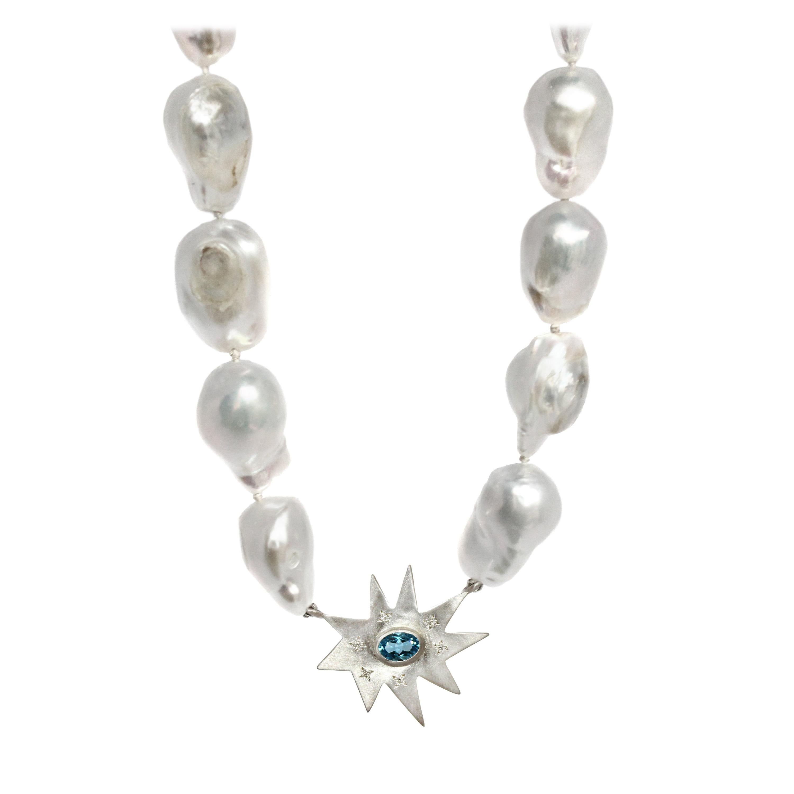 Emily Kuvin Baroque Pearl Necklace with Diamonds, Blue Topaz