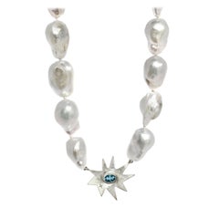 Emily Kuvin Baroque Pearl Necklace with Diamonds, Blue Topaz