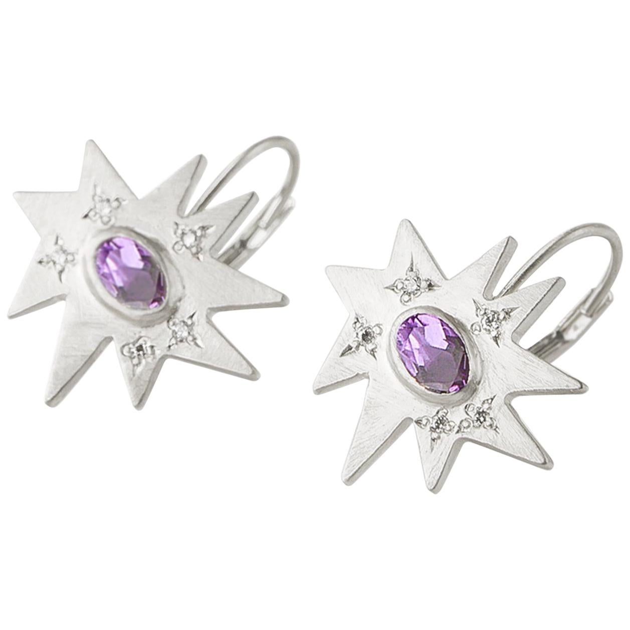 Emily Kuvin Silver, Diamond and Amethyst Star Drop Lever Back Earrings