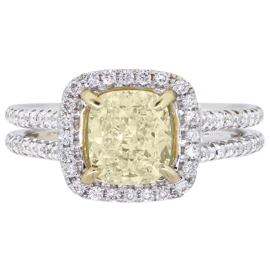 1.65 Carat Fancy Yellow Cushion Cut Diamond Engagement Ring