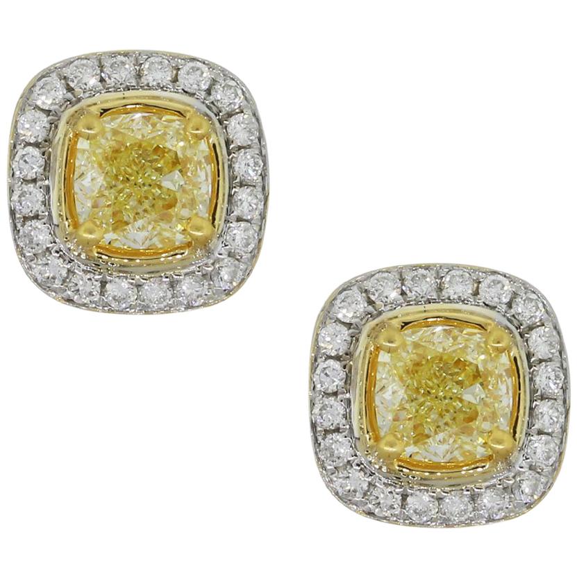 Fancy Yellow Cushion Cut Diamond Earrings