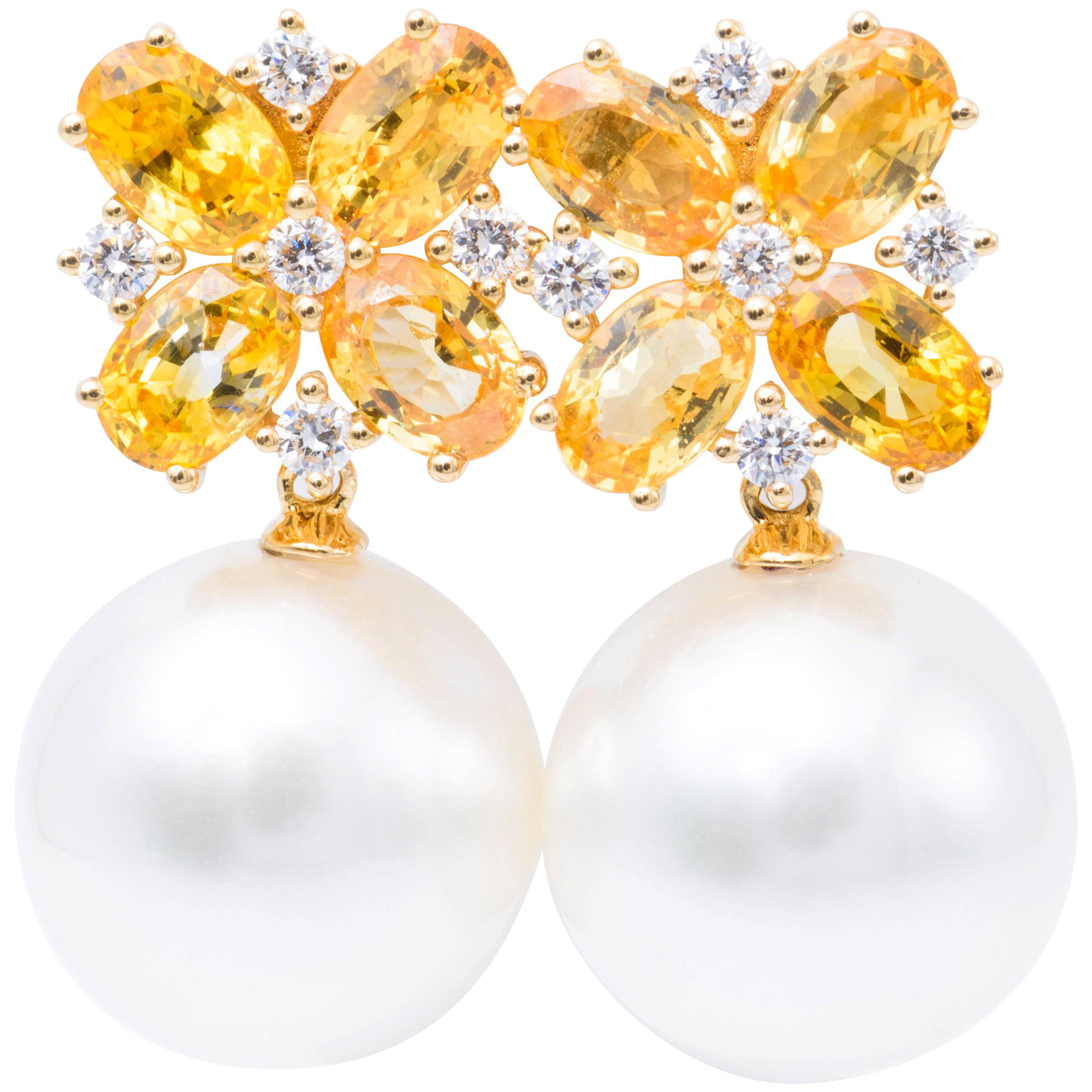 South Sea Pearl Oval Yellow Sapphire Diamond White Gold Dangle Earrings For Sale