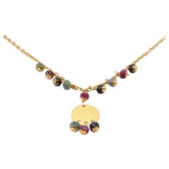 14 Karat Yellow Gold Emerald, Ruby, Sapphire Asian Style Coin Drop Pendant