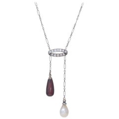 Antique Edwardian Negligee Necklace Garnet Pearl Platinum Pearl Vintage Jewelry