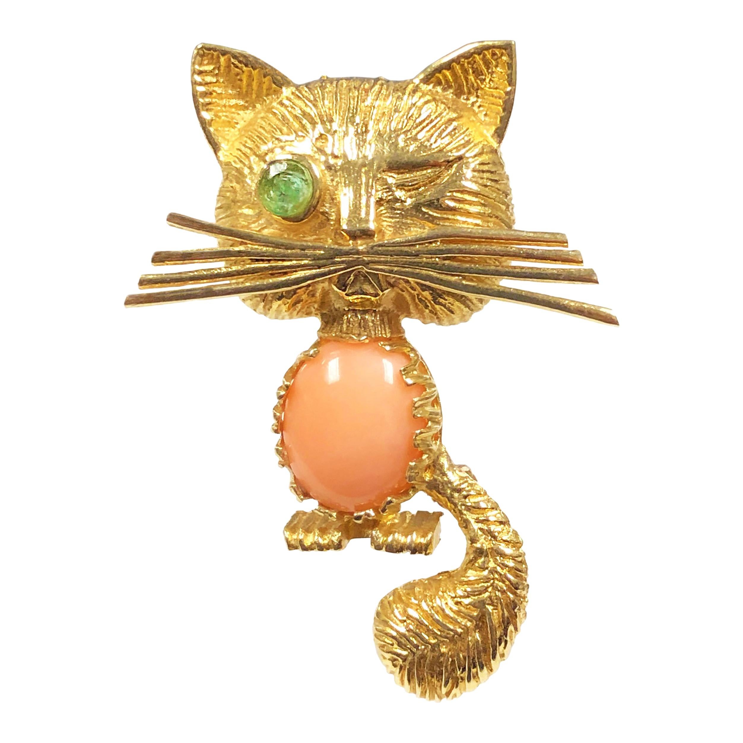 Vintage Yellow Gold and Gem Set Winking Kitty Brooch